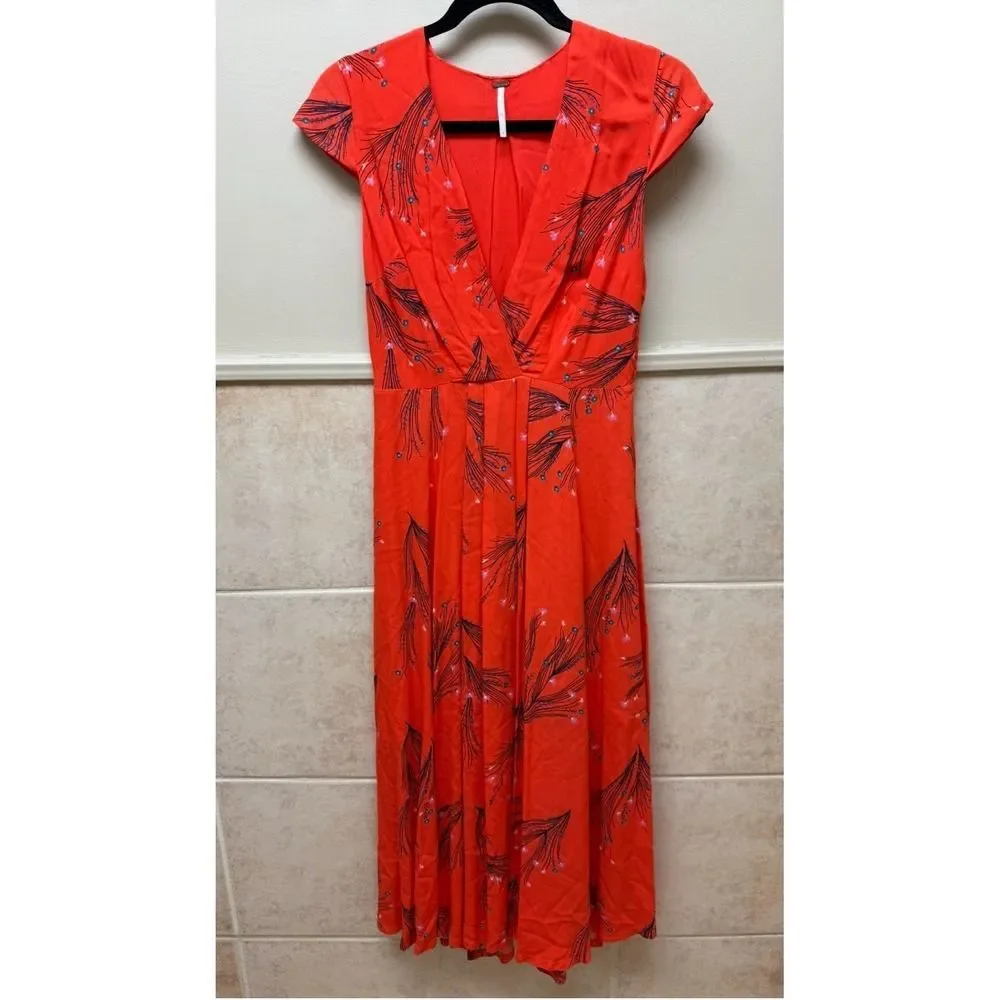 Free People Retro coral orange floral print midi dress. Womens. Sz 2 - Picture 3 of 14